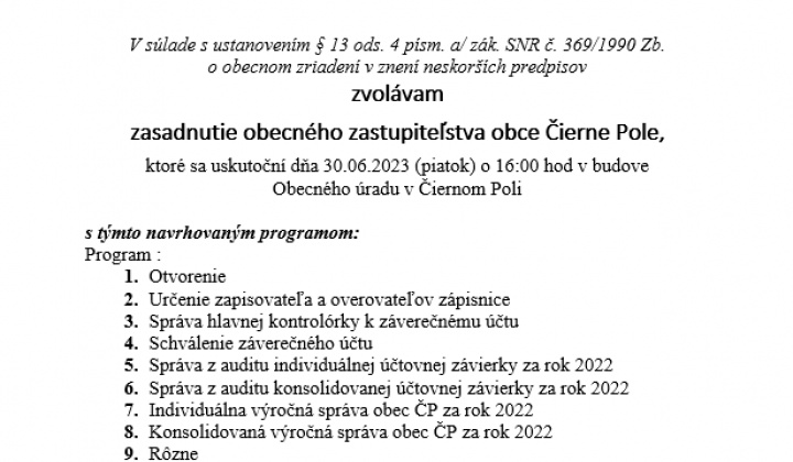 Úradná tabuľa / Pozvánka na zasadnutie OZ obce Čierne Pole dňa 30.06.2023 - foto