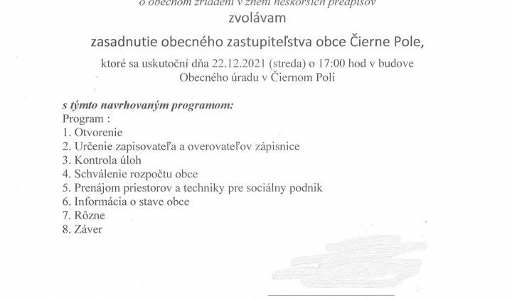 Aktuality / Pozvánka na zasadnutie OZ obce Čierne Pole, dňa 22.10.2021 - foto